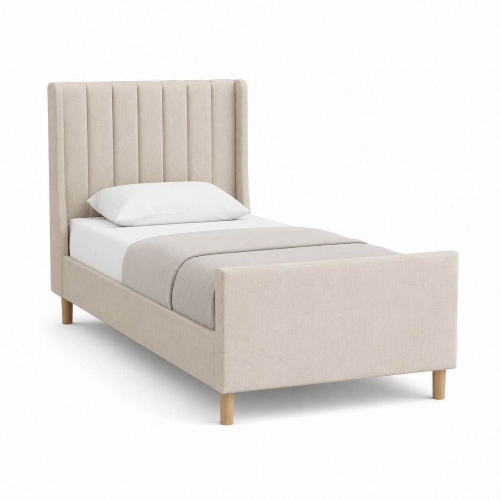 Lit simple cadre de lit beige en polyester avec tête de lit capitonnée 90 x 190 cm