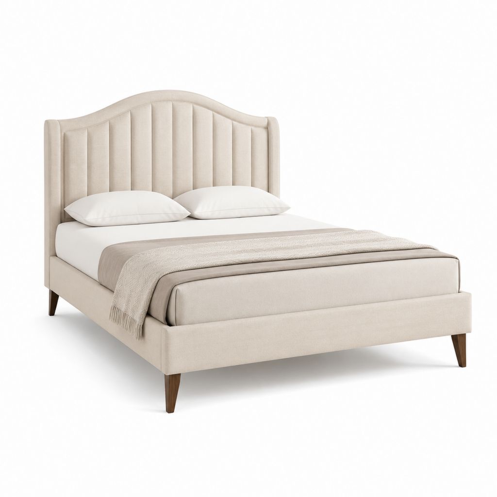 Lit double capitonné beige en polyester avec tête de lit incurvée 160 x 200 cm
