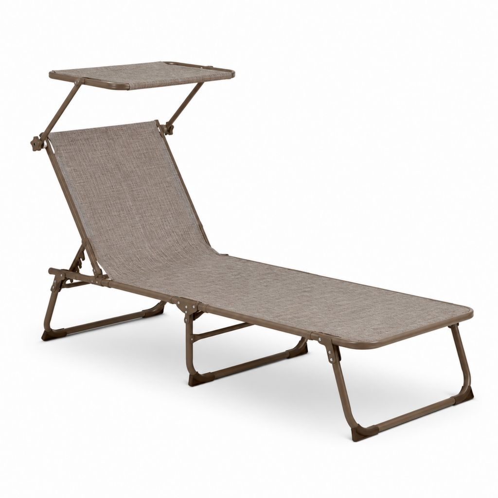 Bain de soleil pliant taupe en acier et textilène 190 x 60 x 105 cm avec pare-soleil réglable