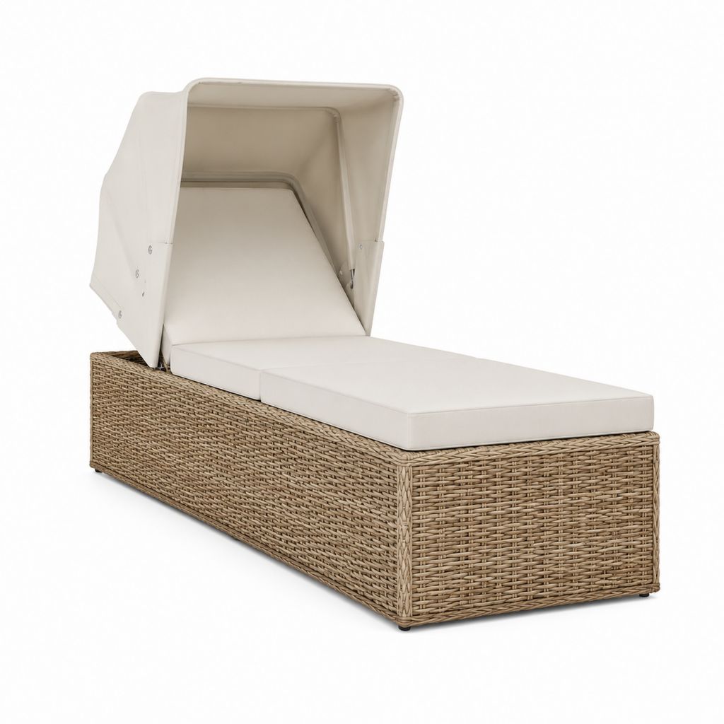 Bain de soleil avec pare-soleil rabattable beige en résine tressée PE 200 x 75 x 140 cm