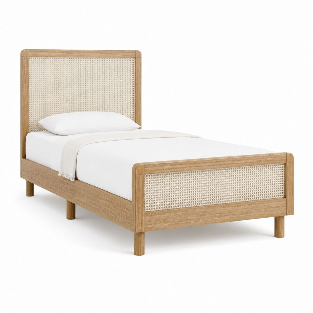 Lit simple 90 x 190 cm en bois massif naturel avec cannage en rotin