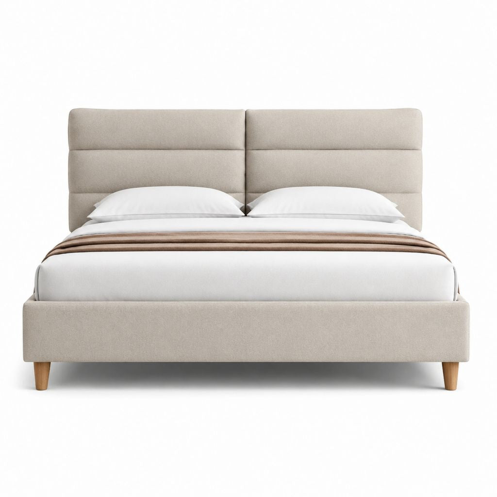 Lit double 160 x 200 cm beige en polyester avec tête de lit capitonnée