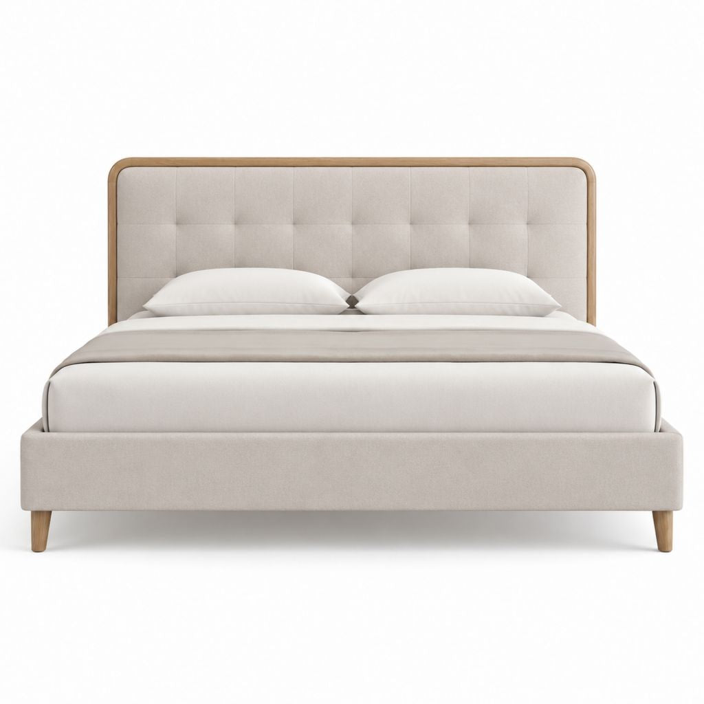 Lit double avec cadre de lit beige en polyester et finition chêne 160 x 200 cm