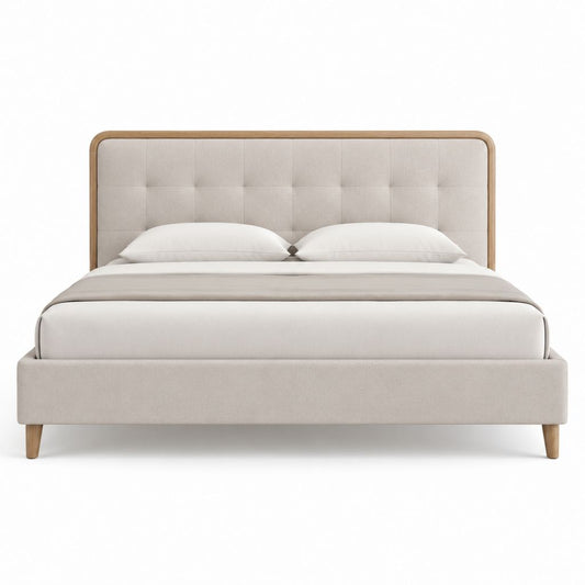 Lit double avec cadre de lit beige en polyester et finition chêne 160 x 200 cm