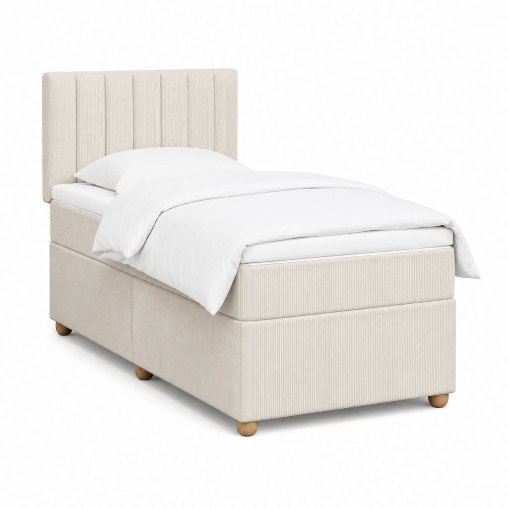 Lit coffre 1 place beige en polyester côtelé avec tête de lit 90 x 190 cm