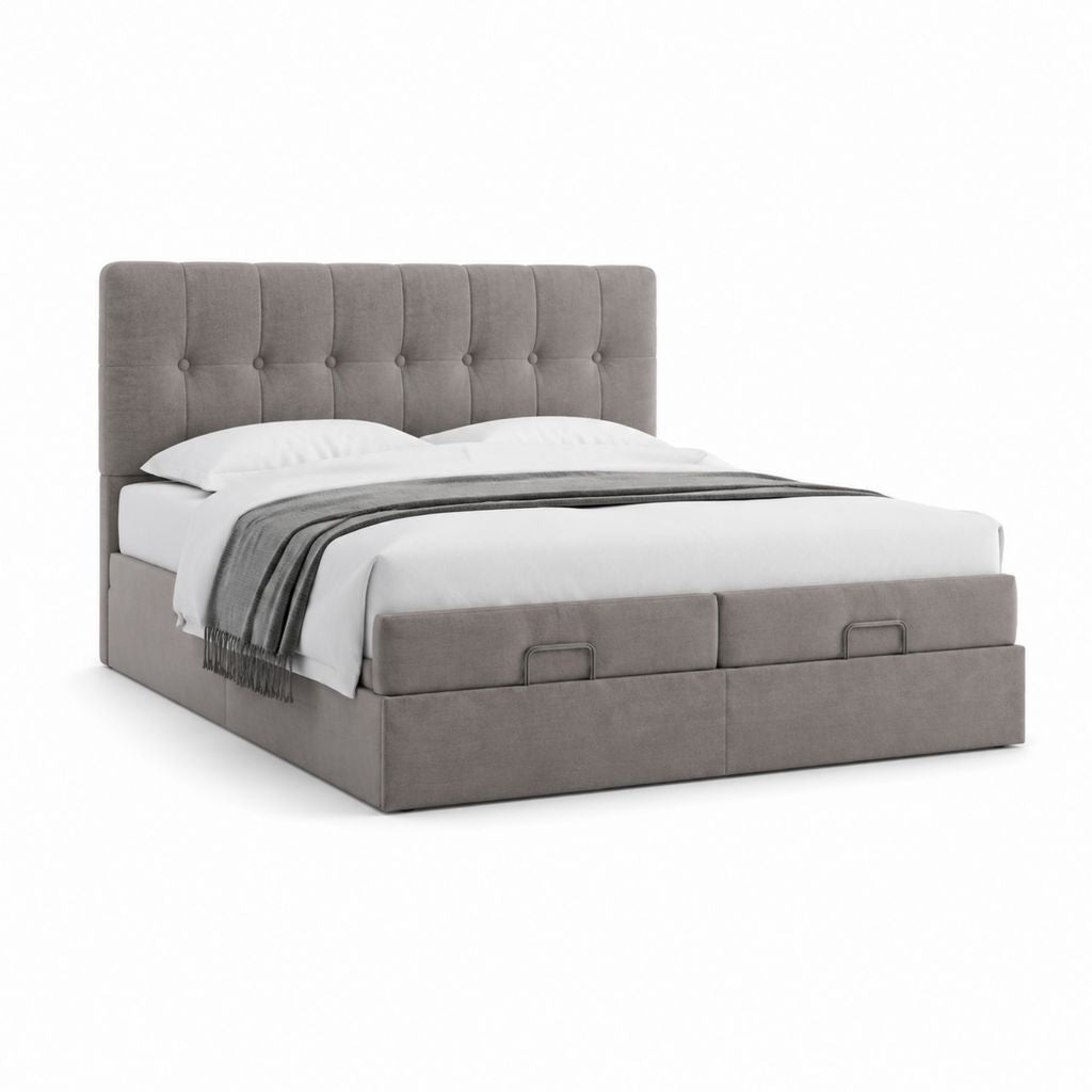 Lit coffre 160 x 200 cm gris en velours polyester avec tête de lit capitonnée et 2 tiroirs