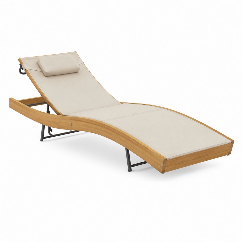Bain de soleil inclinable beige en bois massif d'acacia et polyester 200 x 65 x 35 cm