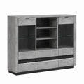 Buffet vaisselier rectangulaire gris béton et noir en panneaux de particules mélaminés avec verre trempé 140 x 40 x 130 cm