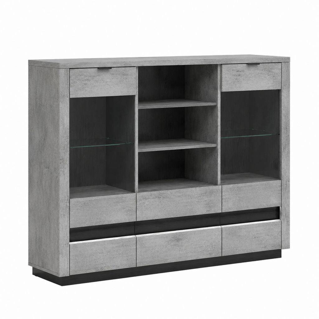 Buffet vaisselier rectangulaire gris béton et noir en panneaux de particules mélaminés avec verre trempé 140 x 40 x 130 cm