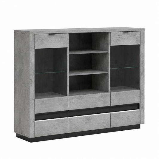 Buffet vaisselier rectangulaire gris béton et noir en panneaux de particules mélaminés avec verre trempé 140 x 40 x 130 cm