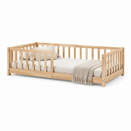 Lit enfant Montessori avec barrières en pin massif naturel 90 x 190 cm