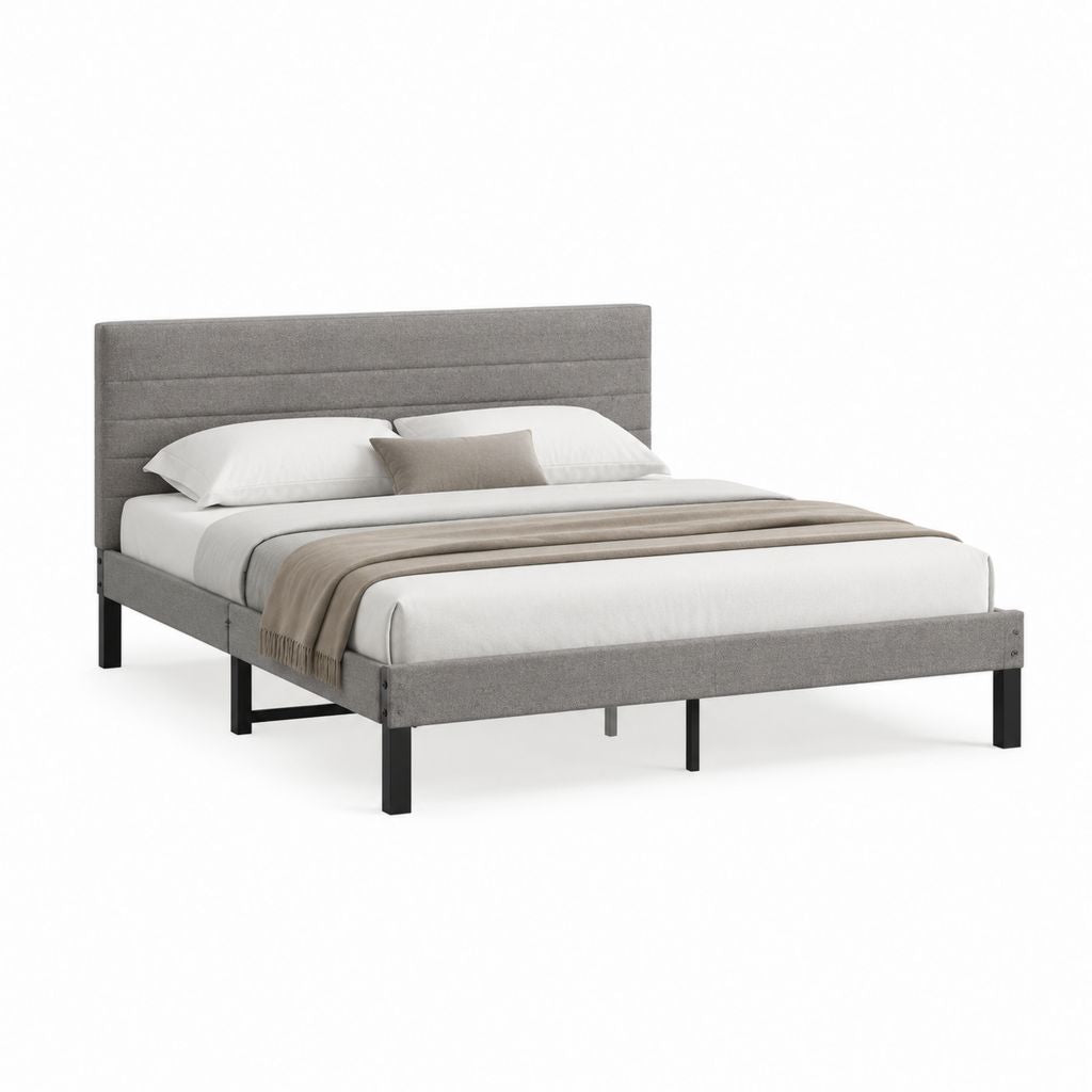 Cadre de lit double gris en polyester et acier 160 x 200 cm avec tête de lit capitonnée