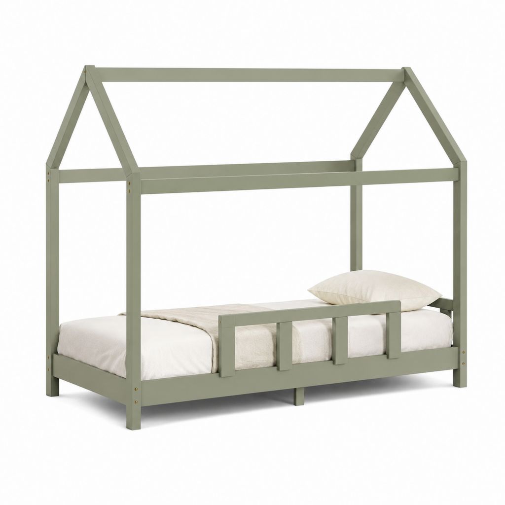 Lit cabane enfant 90 x 200 cm vert sauge en pin massif