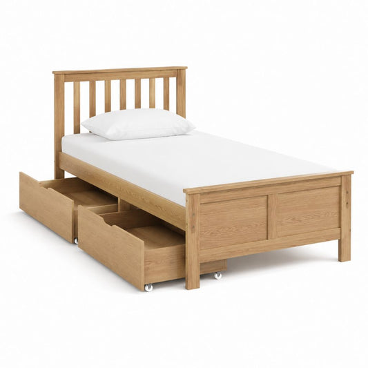 Lit simple avec rangement chêne massif naturel 90 x 190 cm avec 2 tiroirs