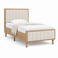 Lit double 140 x 190 cm beige et chêne clair en bois massif avec tête et pied de lit capitonnés