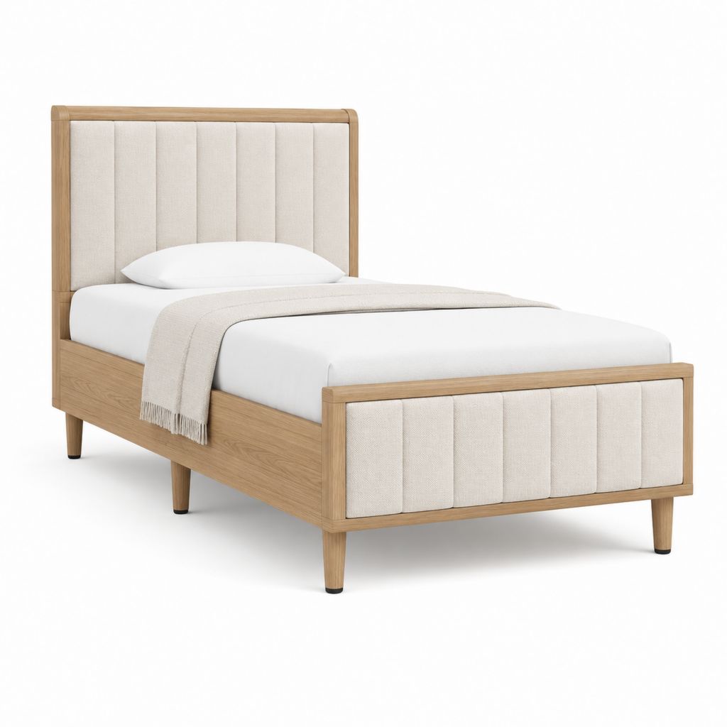 Lit double 140 x 190 cm beige et chêne clair en bois massif avec tête et pied de lit capitonnés
