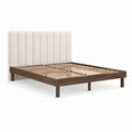 Lit double 160 x 200 cm avec tête de lit capitonnée beige cadre rectangulaire en MDF plaqué noyer