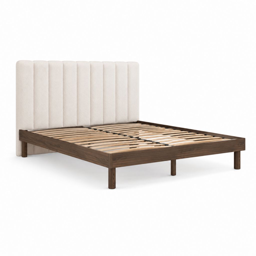 Lit double 160 x 200 cm avec tête de lit capitonnée beige cadre rectangulaire en MDF plaqué noyer