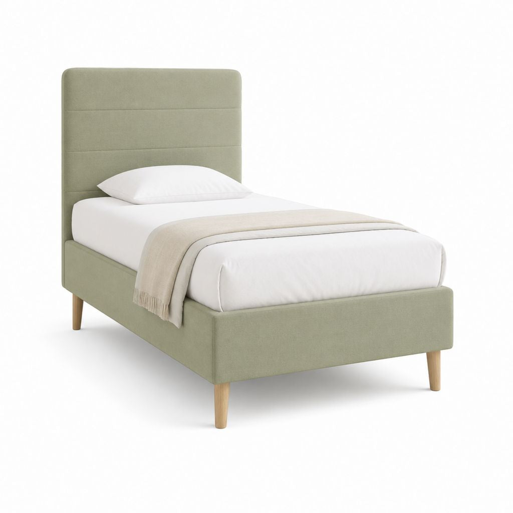 Lit une place capitonné vert en polyester avec cadre 90 x 190 cm